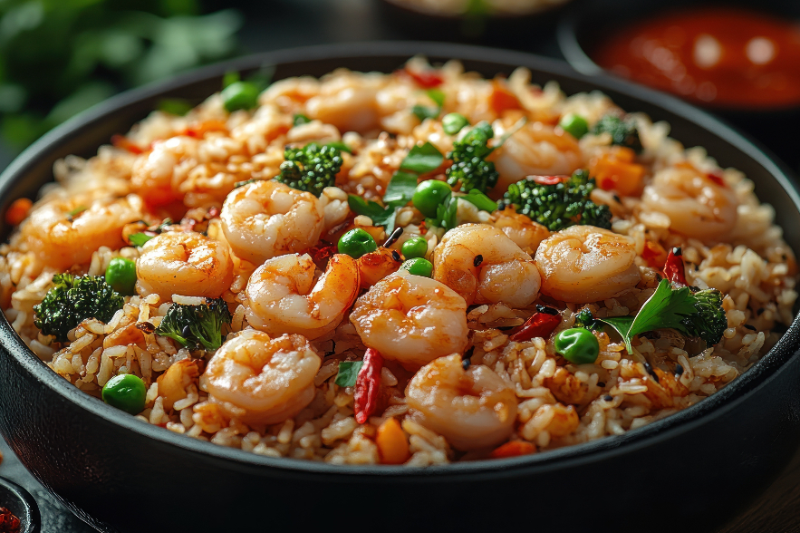 Teriyaki Shrimp Rice — shrimp with teriyaki glaze over steamed rice and vegetables